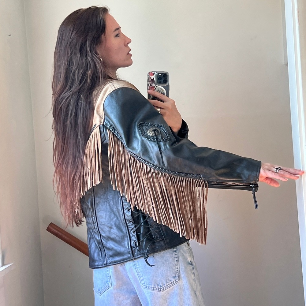 Vintage Leather Fringe Motorcycle Jacket Black Tan Biker‎ Western Braided Lace - Picture 10 of 12